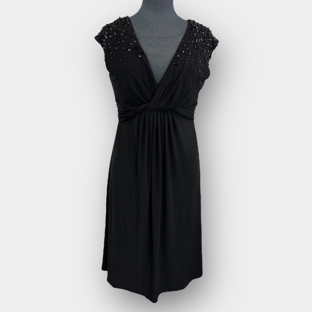 Jones New York Beaded Cocktail Dress 10 Black Draped V Neck Ruched Midi Party